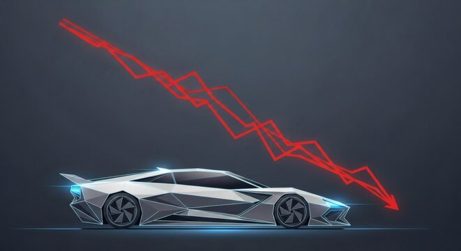 Futuristic sports car with a downward trending red graph indicating a financial decline or economic downturn