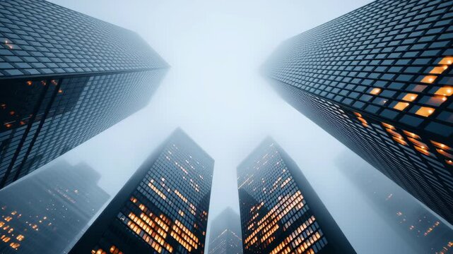 Steel skyscraper architecture and city building in fog, urban skyline with glowing windows reflecting tariff impact on modern development