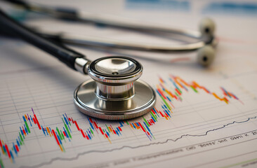 Stethoscope on a stock market graph, close-up photo of medical accessories, medical instruments used in medicine and healthcare, watcher or doctor's chart with a background of trading charts, stock ph