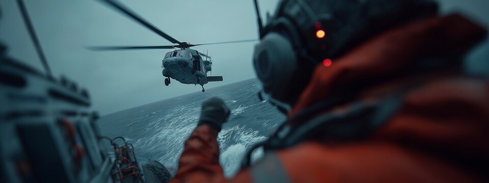 A picture of a rescue mission in process shows a helicopter hovering over the sea as a crew member displays an activated EPIRB to send out a distress signal with waves visible.
