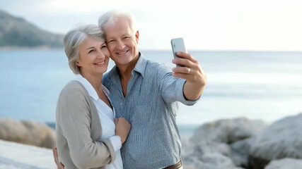 A joyful senior couple taking a selfie by the ocean - Powered by Adobe