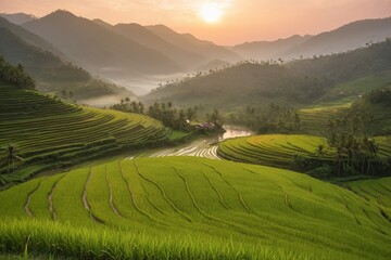 Fototapeta premium Reisfeldterrassen im Morgengrauen mit Nebel und Bergen im Hintergrund