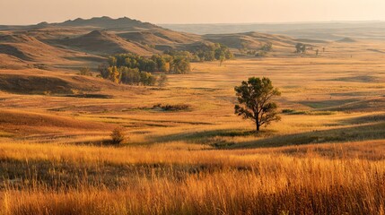 Obraz premium A solitary tree in a field with a distant hill and surrounding hills