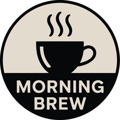 A stylized logo featuring a black coffee cup with steam above it and the words morning brew below it