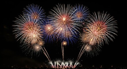 Bright colorful firework explosion burst in night sky. Festive pyrotechnic show celebration concept for New Year event design.