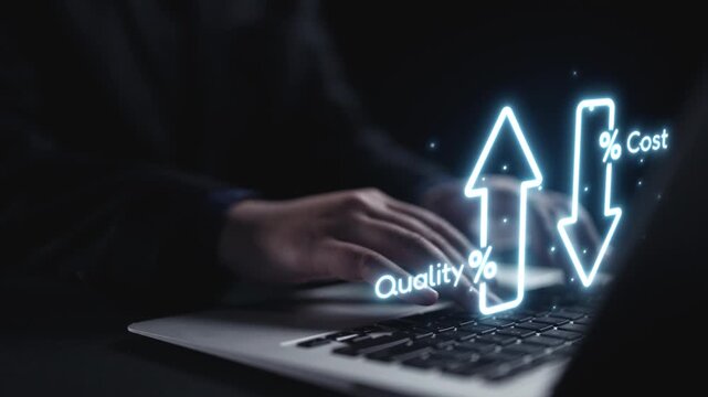 A business professional is engaged in data analysis on a laptop, with illuminated graphics showing an increase in quality and a decrease in cost for effective decision-making. Qubit