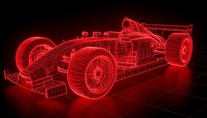 A glowing, red wireframe rendering of a racing car, set against a dark background.