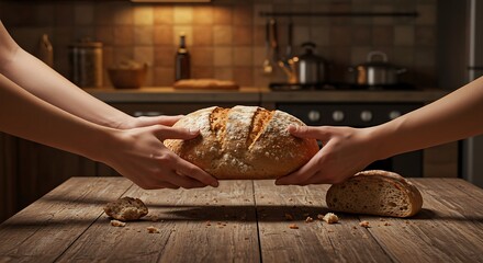 Loaf of Bread Being Passed Between Hands