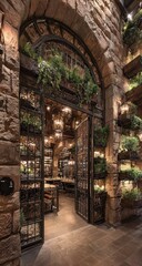 Rustic Botanical Restaurant Entrance With Brown Stone Walls