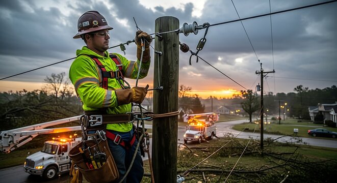 Power Line Worker Repairing Lines After Storm.