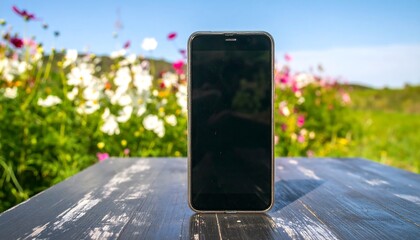 A modern smartphone rests on a rustic wooden table, bathed in sunlight, with a vibrant floral backdrop.