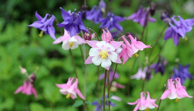 Vibrant display of various colored columbine flowers in a garden setting.