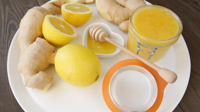 Natural remedy ingredients, ginger, lemon and honey, rotating slowly on a white plate.