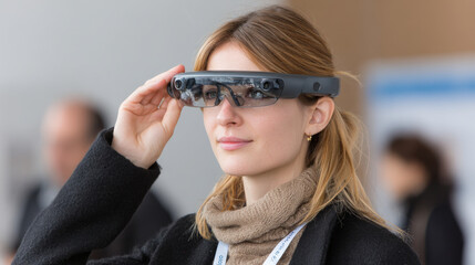 Naklejka premium innovative glasses translating gestures from unfamiliar cultures into subtitles provide unique interaction