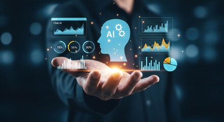 Unlock future potential with this dynamic AI data visualization held in an open palm, showcasing growth and innovation.