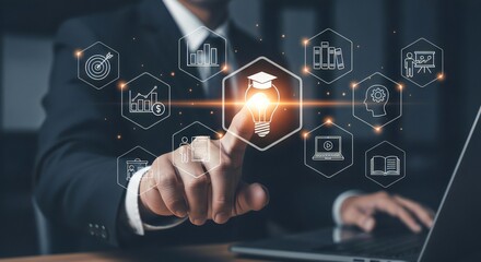 Business professional interacting with digital learning icons, representing education and success in a modern technological world.