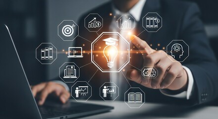 Professional businessman engages with digital learning icons, symbolizing education, strategy, and business growth, driving innovation and success.