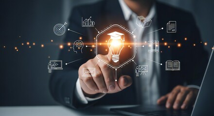 Naklejka premium Ignite your potential with a brilliant idea, accessing knowledge and business growth through digital learning and strategic planning