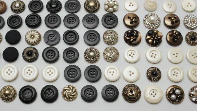A neatly arranged collection of various buttons in a grid pattern. Buttons vary in color, texture, and style, displayed on a light surface