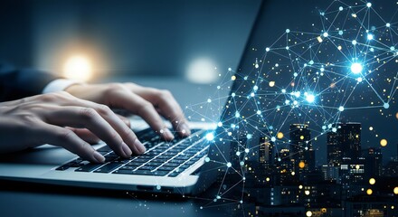 Hands typing on laptop with glowing digital network overlaying a nighttime cityscape, signifying connectivity and innovation