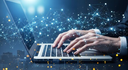 Professional typing on laptop amidst glowing digital network overlay and city lights, symbolizing connectivity and innovation