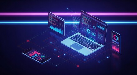 Dynamic technology concept visualizing data analysis with laptop, tablet, and smartphone, perfect for presentations and tech startups