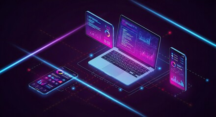 Dynamic digital interface displays vibrant data analytics on modern devices, showcasing technological innovation and business growth.