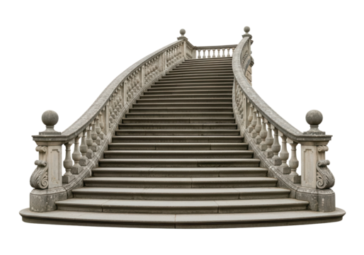 Elegant curved stone staircase with ornate balustrade isolated PNG with Transparent Background