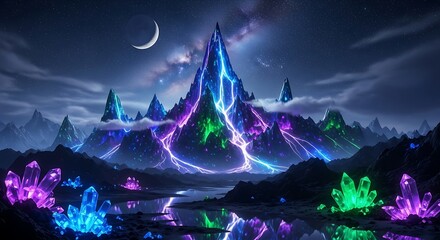 Mystical fantasy landscape with glowing crystal mountains at night.