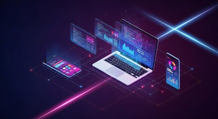 Dynamic digital dashboard displays financial analytics on laptop and smartphone, showcasing modern data visualization and connectivity.