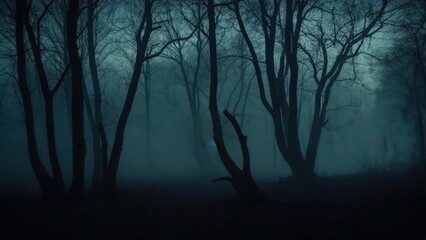 Eerie Silhouettes of Bare Trees in a Dense, Mysterious Blue Foggy Forest at Twilight