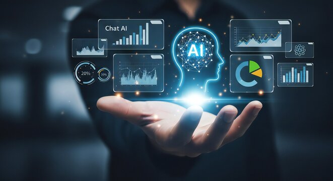 Unlock future insights with dynamic AI intelligence and data analytics presented on a futuristic interface