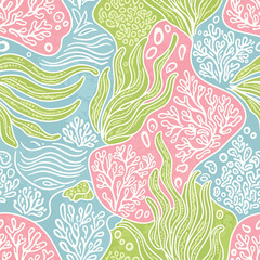 Seamless Pattern, Seamless underwater pattern with seaweed, coral, and bubbles in pastel colors Stock royalty free image.