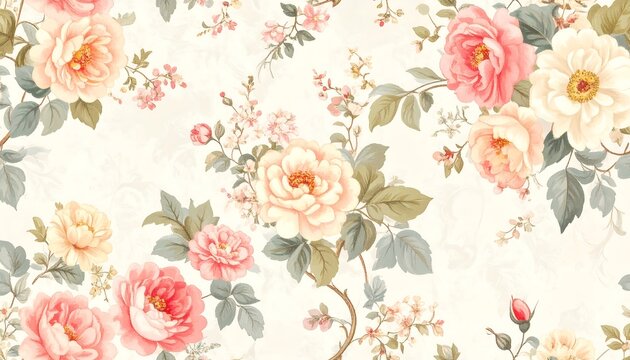 A delicate floral design featuring vibrant shades of pink and peach roses, set against a soft cream backdrop, creating a romantic and timeless aesthetic.