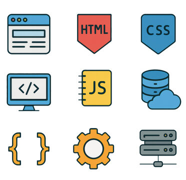 Web development icons including HTML, CSS, JavaScript, and database symbols, showcasing coding and server elements