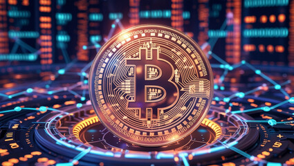 Futuristic 3D Bitcoin Coin with Binary Code and Digital Financial Network Background