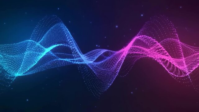 Futuristic sound wave animation with glowing particles in seamless loop representing science, technology, business and space digital concept