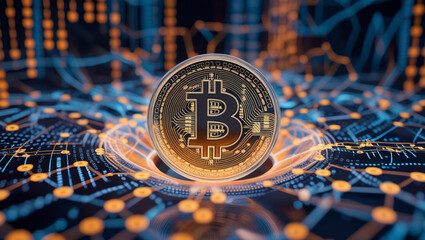 Futuristic 3D Bitcoin Coin with Binary Code and Digital Financial Network Background