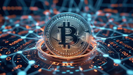 Futuristic 3D Bitcoin Coin with Binary Code and Digital Financial Network Background