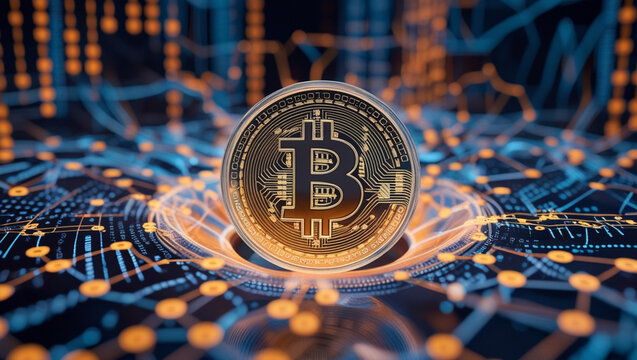 Futuristic 3D Bitcoin Coin with Binary Code and Digital Financial Network Background - Powered by Adobe