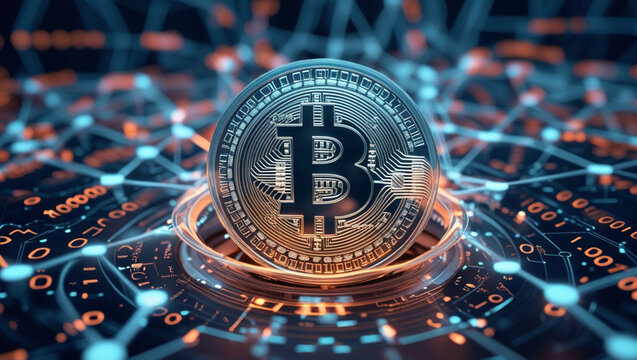 Futuristic 3D Bitcoin Coin with Binary Code and Digital Financial Network Background
