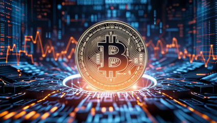 Futuristic 3D Bitcoin Coin with Binary Code and Digital Financial Network Background
