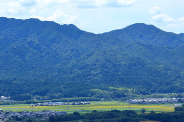 Naklejka premium 山裾に広がる田畑と住宅
