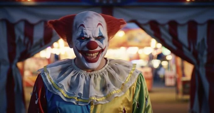 Menacing horror clown with a chilling smile and glowing eyes poses in front of a dark circus tent, an ideal terrifying image for Halloween festivities and spooky events