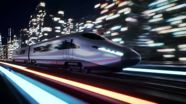 High-Speed Train in Motion: A futuristic high-speed train streaks through a vibrant city at night, its sleek design illuminated by the dazzling lights.