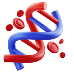 3D Render Vivid 3D DNA double helix with red blood cell accents, ideal for biotech marketing, science websites, and educational visuals.