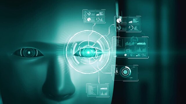 Robot hominoid face close up with graphic concept of big data analytic by AI thinking brain, artificial intelligence and machine learning process for the 4th fourth industrial revolution. 3D rendering