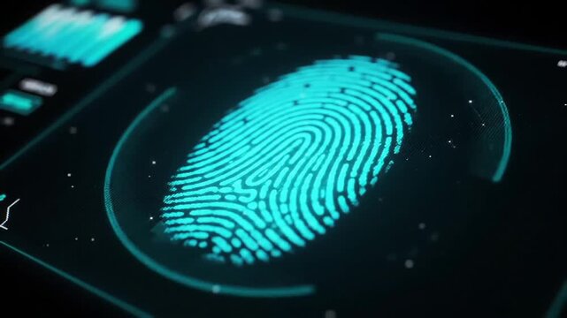 Biometric Authentication: A digital fingerprint glows on a futuristic screen, showcasing advanced technology.