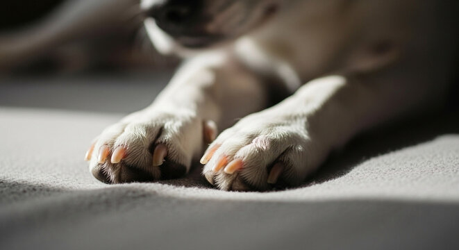 犬の足先のクローズアップによる愛らしいペットの体の部分と細やかな愛情表現