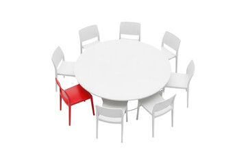 White round table surrounded by white chairs with one red chair isolated PNG with Transparent Background